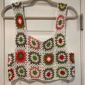 NWT Mexicali Blues OS White Rainbow Crochet Crop Top Tank Granny Square Cotton